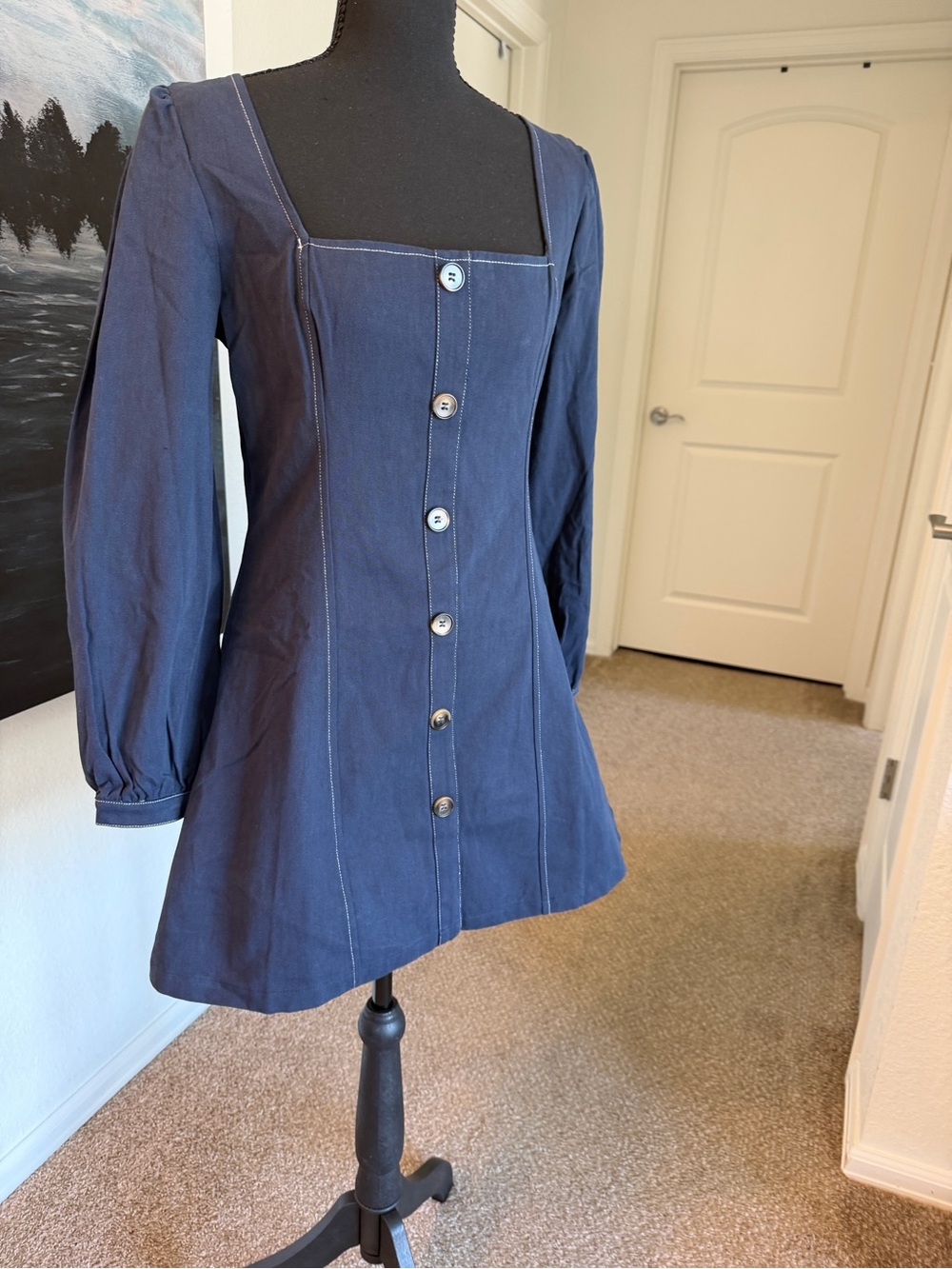 Navy Square-Neck Button-Front Mini Dress NWT